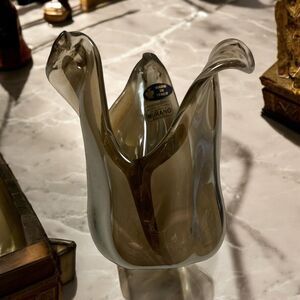 Murano Glass Art Vase Grey Blown Made In Italy Centerpiece Decor White Cristal